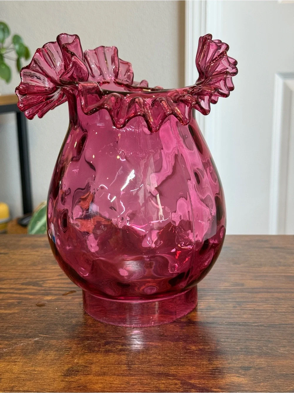Vintage Fenton Cranberry Glass Diamond Optic Lamp Shade Ruffled Crimp 8.5”